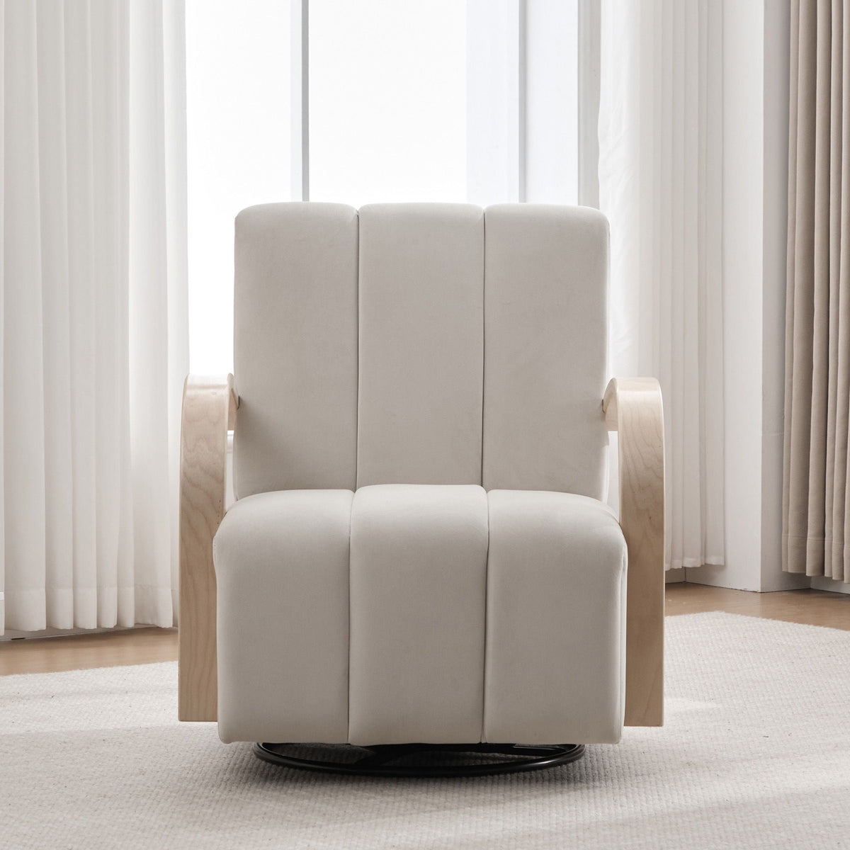 360° Swivel Accent Chair with Armrests in beige upholstery, wooden armrests, round base on Tampa Home & Garden Store