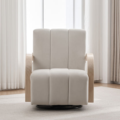 360° Swivel Accent Chair with Armrests in beige upholstery, wooden armrests, round base on Tampa Home & Garden Store