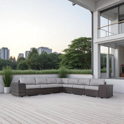 Rattan sectional sofa with cream cushions in dark brown wicker on a patio by HouseOfZazla on Tampa Home & Garden Store