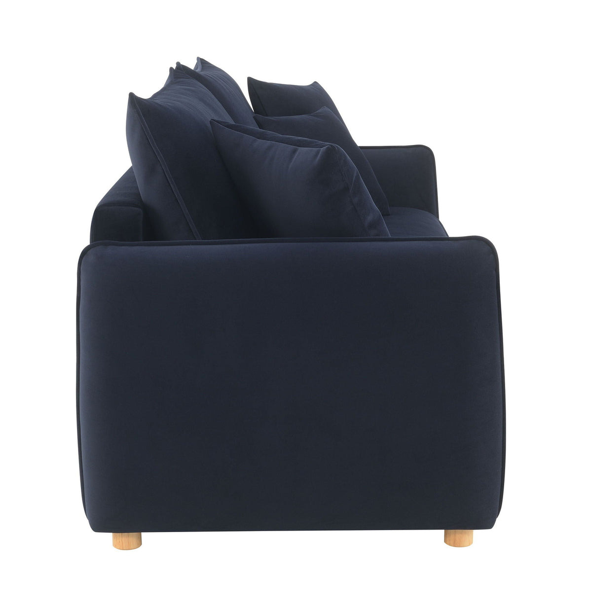 Irina Pull-Out Sleeper Sofa with Storage in navy blue fabric, removable cushions, wooden legs on Tampa Home & Garden Store