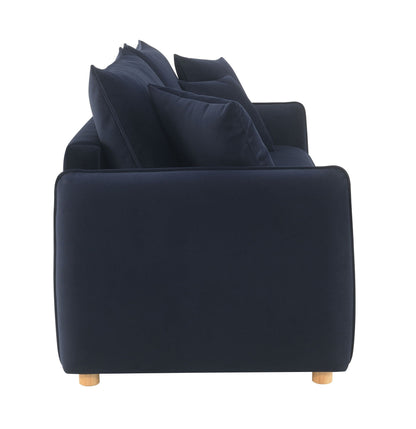 Irina Pull-Out Sleeper Sofa with Storage in navy blue fabric, removable cushions, wooden legs on Tampa Home & Garden Store