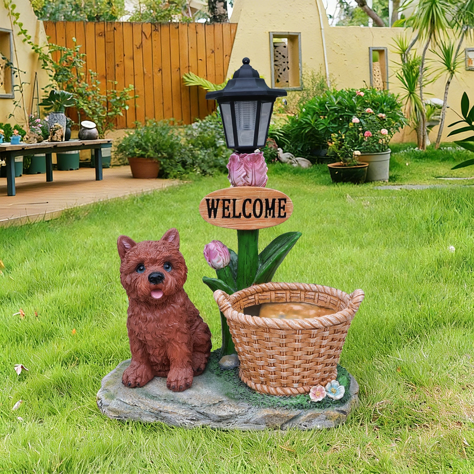 Sitting puppy solar planter statue by HouseOfZazla, brown puppy with black lantern on Tampa Home & Garden Store