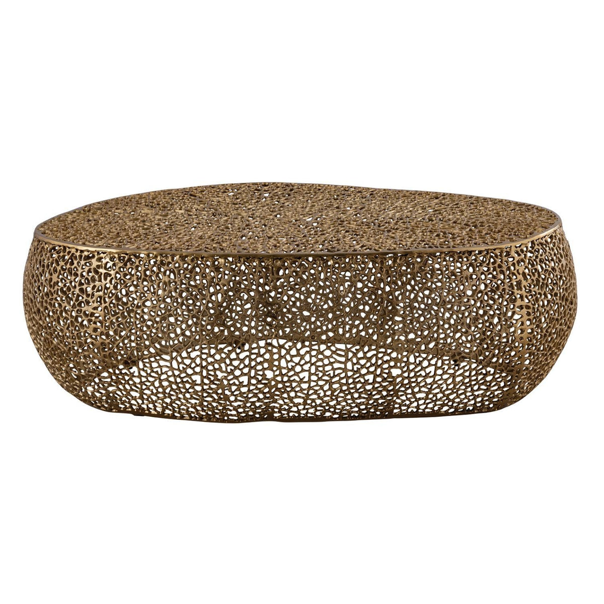 Oval coffee table with durable aluminum frame and bronze gold lattice design on Tampa Home & Garden Store