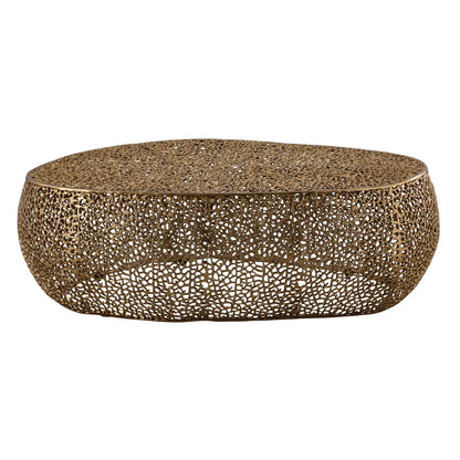 Oval coffee table with durable aluminum frame and bronze gold lattice design on Tampa Home & Garden Store