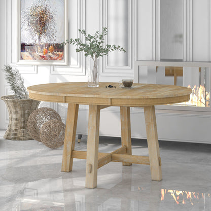 Gia round extendable dining table with 16 inch leaf in light brown wood with vase and cup on Tampa Home & Garden Store