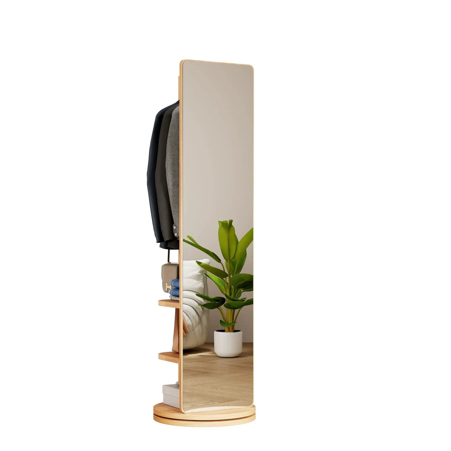 3 in 1 Multifunctional Clothing Mirror with wood frame and clothing rail on a round base on Tampa Home & Garden Store