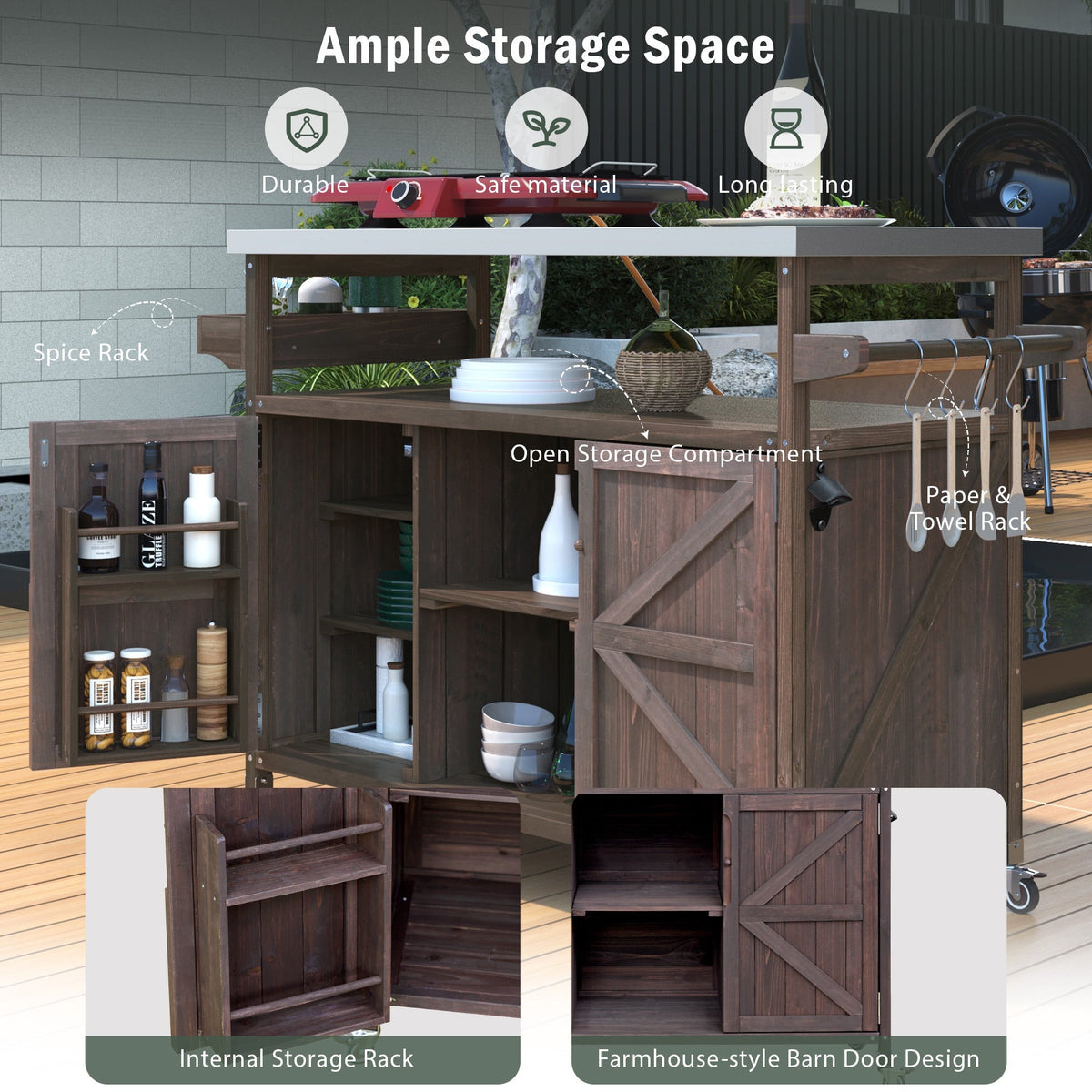 K&K Outdoor Kitchen Island rolling bar cart by HouseOfZazla in dark wood with open storage on Tampa Home & Garden Store