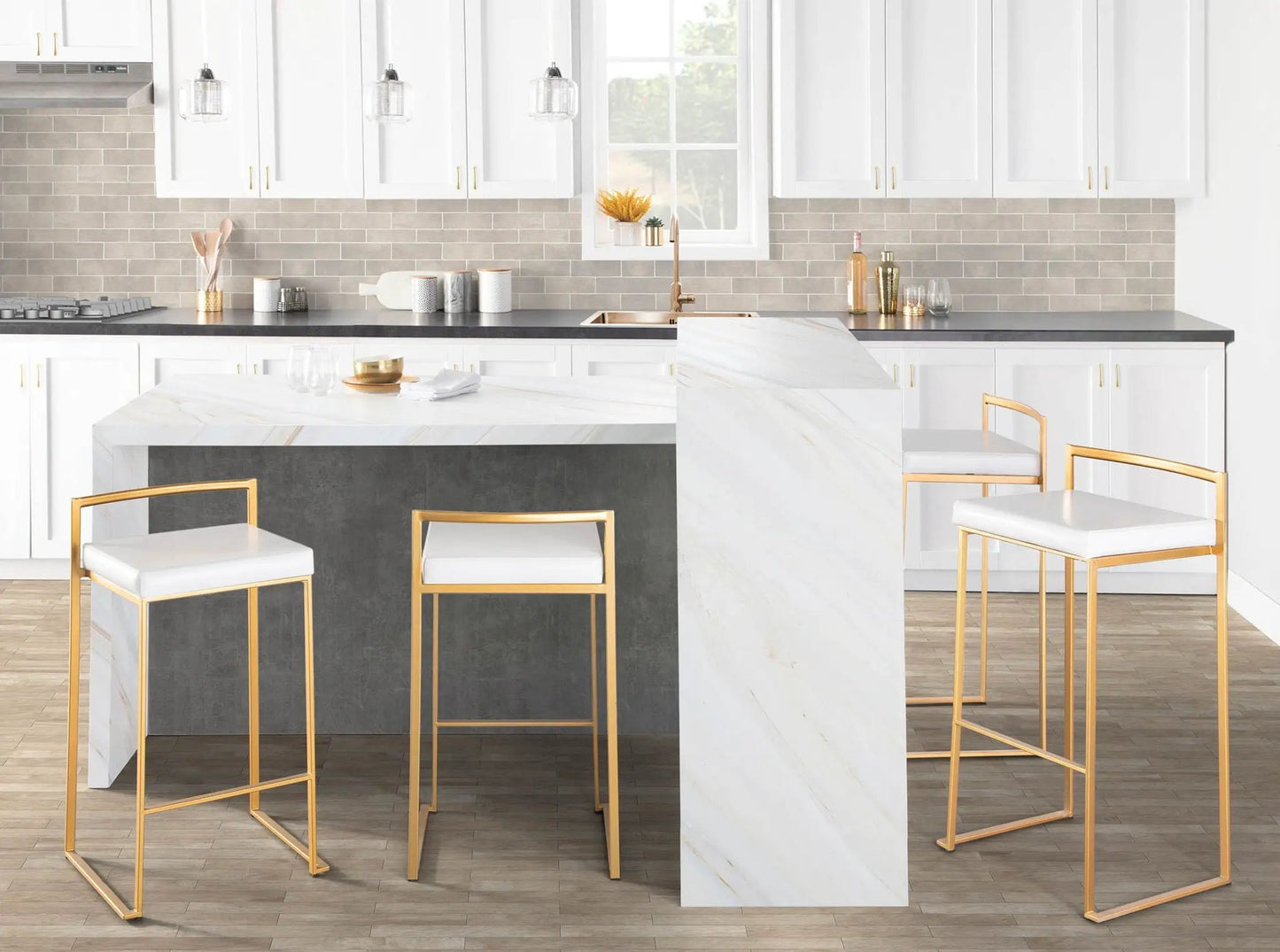 Fuji Contemporary Glam barstool set of 4 with gold frame and white cushions in a modern kitchen on Tampa Home & Garden Store