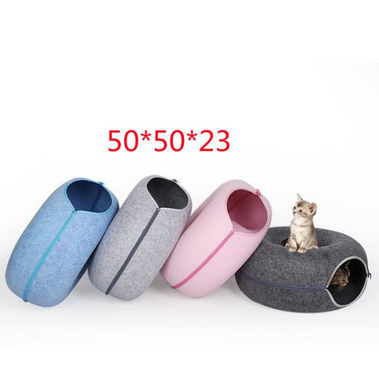 Donut cat tunnel bed set with blue, gray, pink felt tunnels and a gray cat cave on Tampa Home & Garden Store