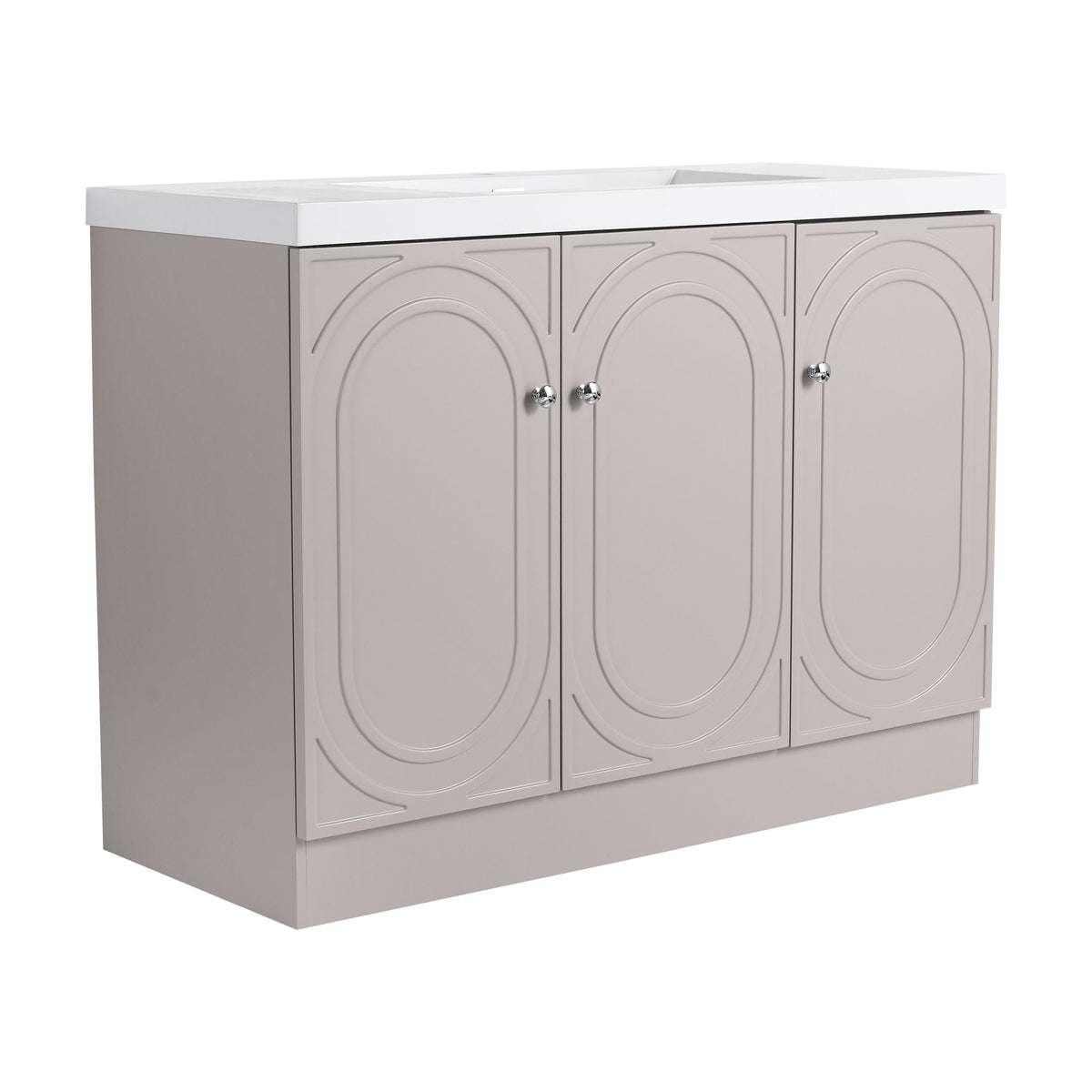 Freestanding bath vanity with resin sink, white top, taupe arched-panel doors with chrome knobs on Tampa Home & Garden Store