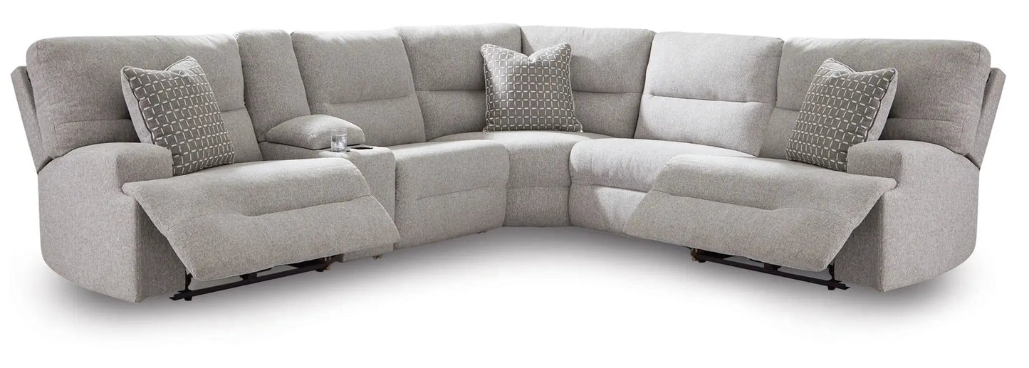 Acklen Place reclining sectional in light gray fabric with 2 patterned pillows and cupholders on Tampa Home & Garden Store