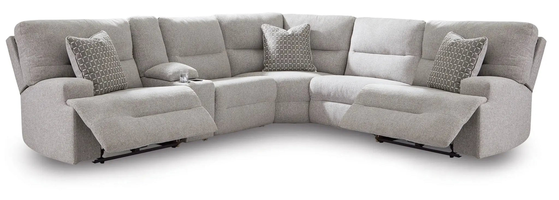 Acklen Place reclining sectional in light gray fabric with 2 patterned pillows and cupholders on Tampa Home & Garden Store