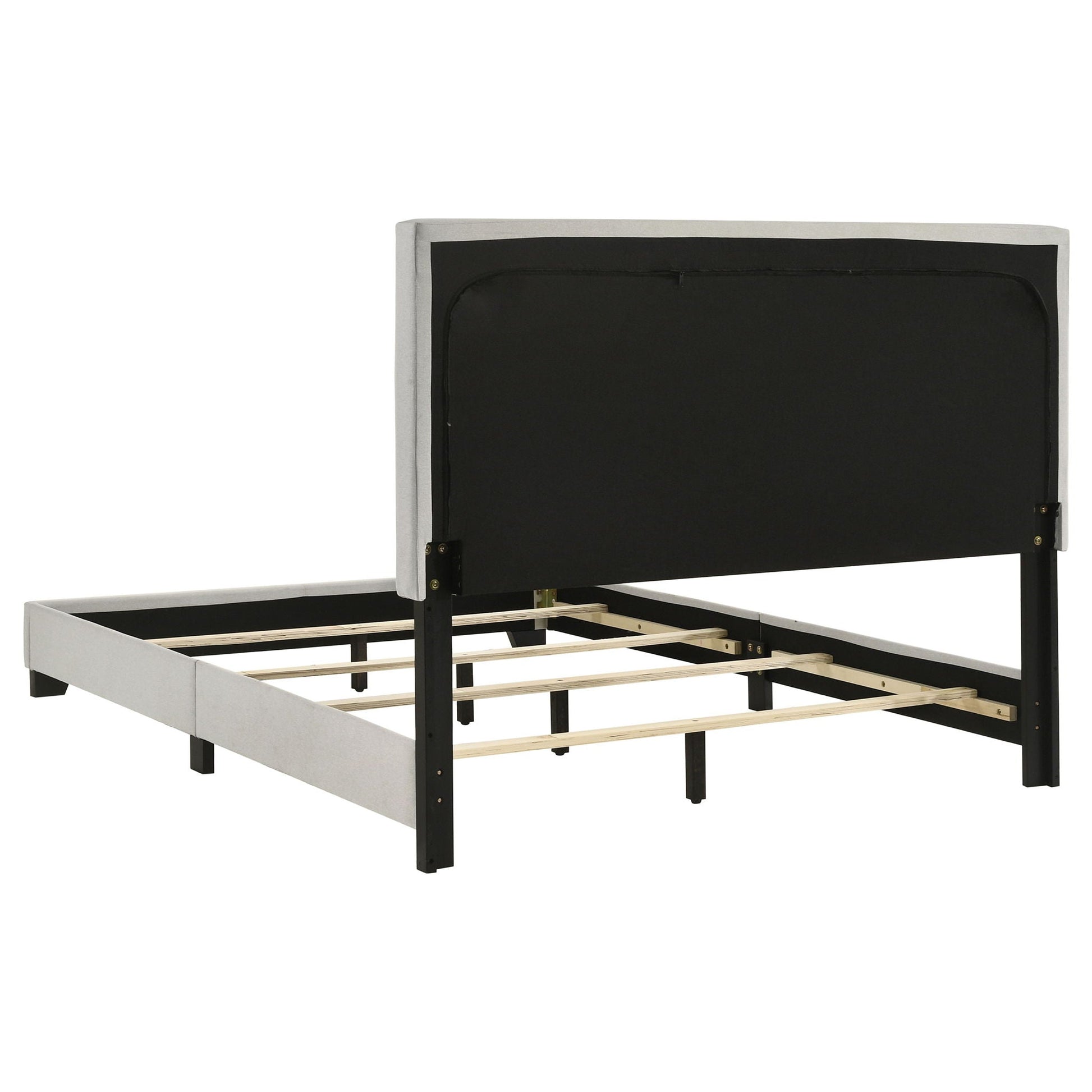 Efram Panel Bed gray upholstered frame with black padded headboard platform bed with slats on Tampa Home & Garden Store