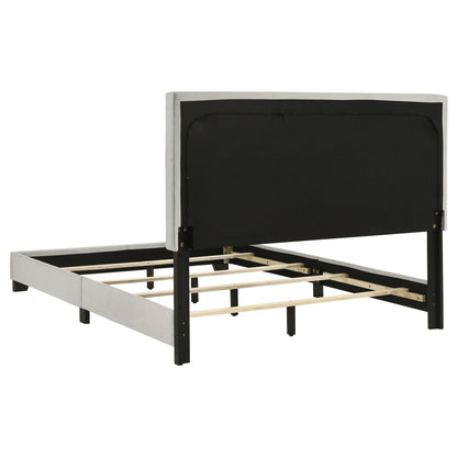 Efram Panel Bed gray upholstered frame with black padded headboard platform bed with slats on Tampa Home & Garden Store