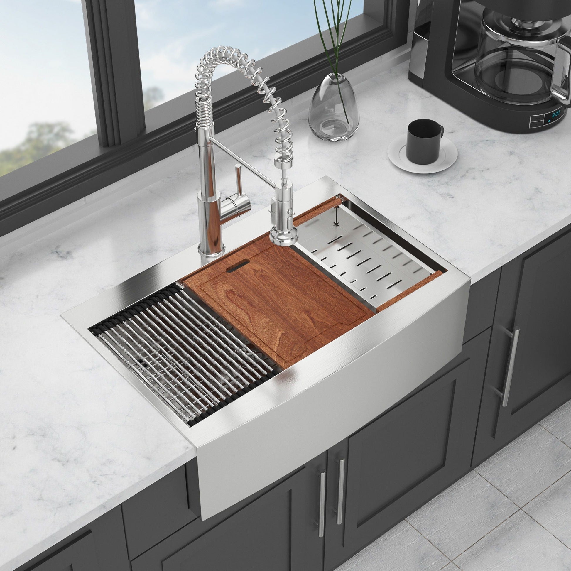 Drop-In Workstation Kitchen Sink with Apron Front; stainless steel faucet and cutting board on Tampa Home & Garden Store
