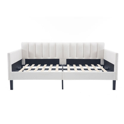 Elena Boucle Upholstered Daybed with ribbed tufted backrest in light beige fabric by HouseOfZazla on Tampa Home & Garden Store