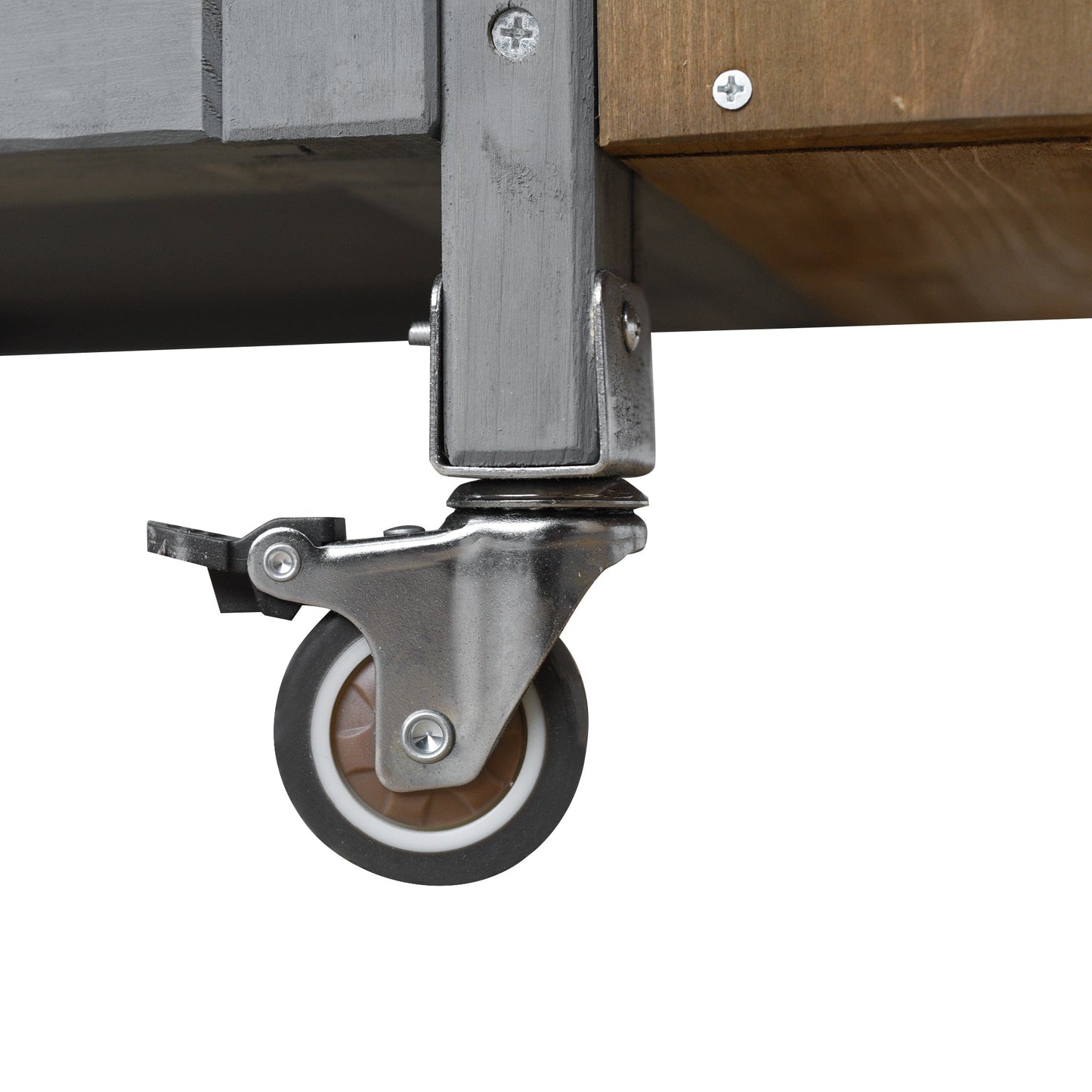 Foldable outdoor kitchen island cart wheel and frame detail, gray metal frame with brown wood top on Tampa Home & Garden Store