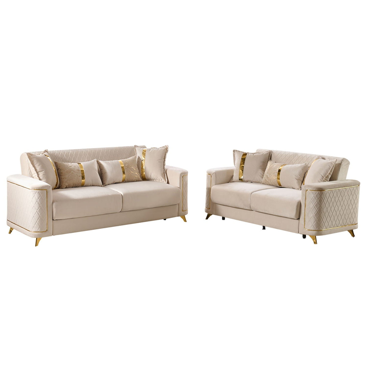 Upholstered living room set: 2 beige stationary sofas with gold-tone legs and quilted sides on Tampa Home & Garden Store