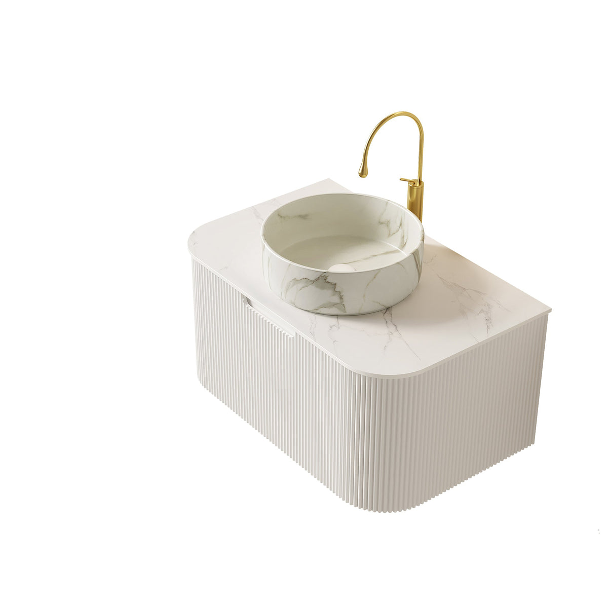 Modern Bath Vanity with ceramic marble-veined basin, white fluted cabinet and gold faucet on Tampa Home & Garden Store