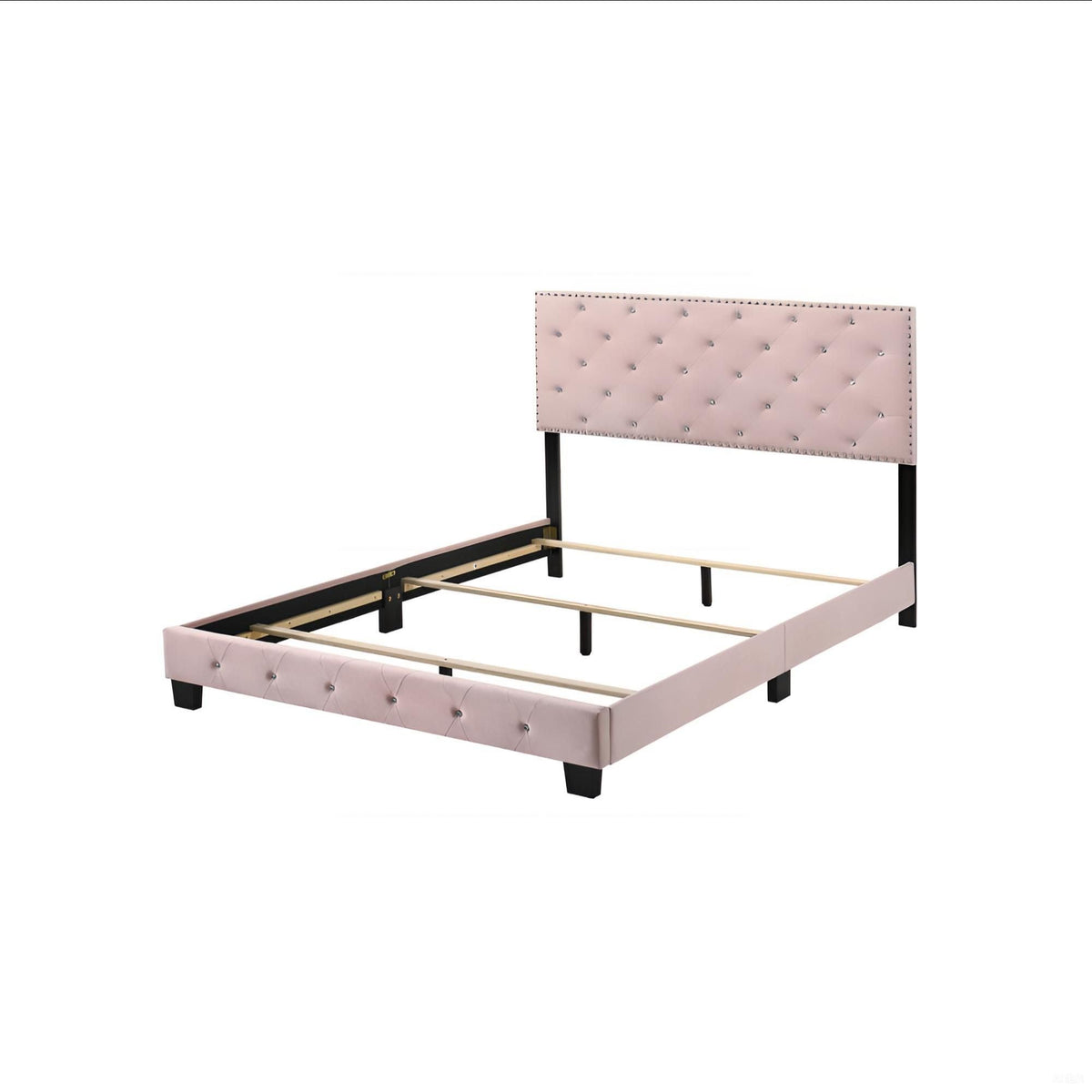 Luxurious upholstered bed with pink tufted headboard and footboard, black legs on Tampa Home & Garden Store