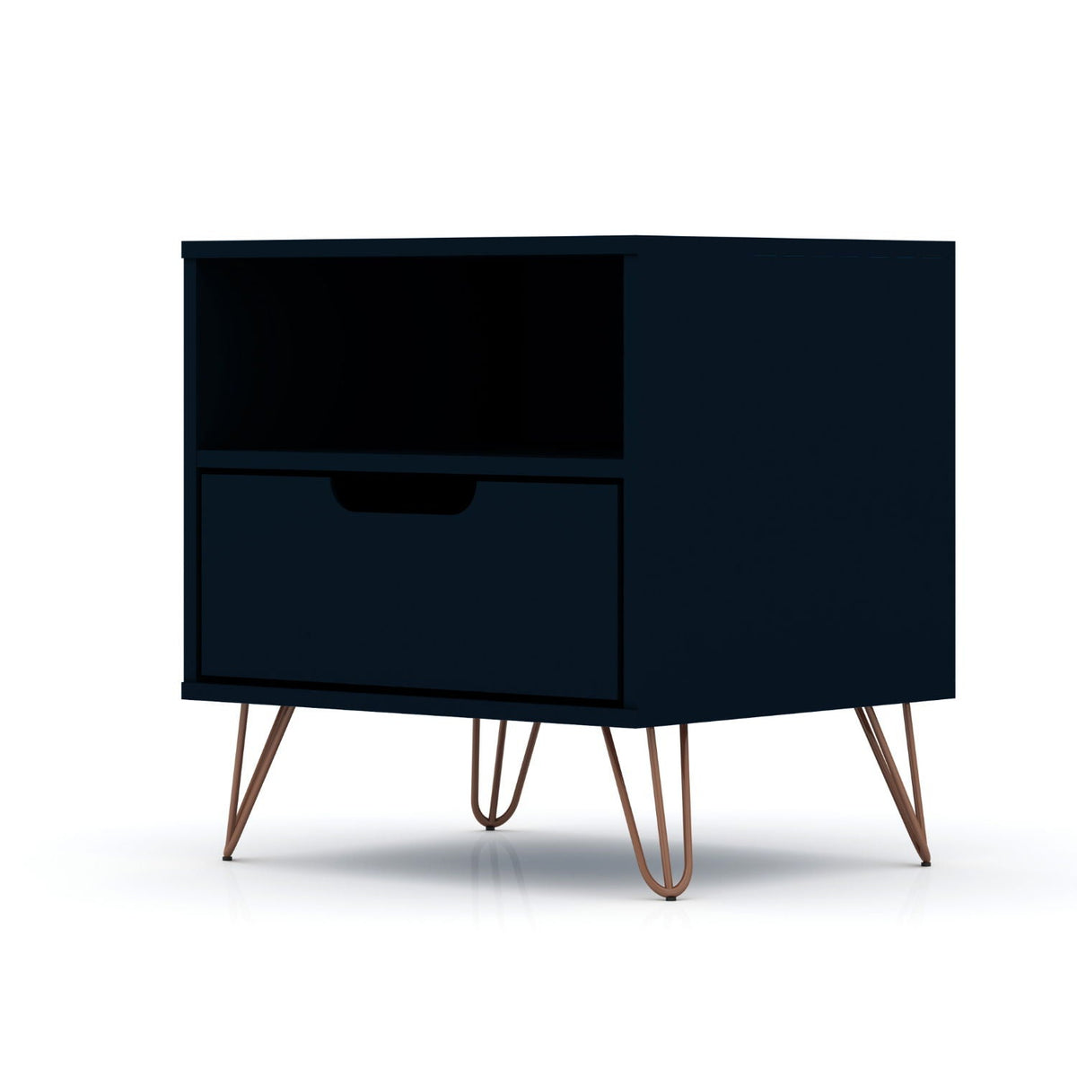 Rockefeller Nightstand by HouseOfZazla, navy finish, 1 drawer and open shelf, splayed legs on Tampa Home & Garden Store