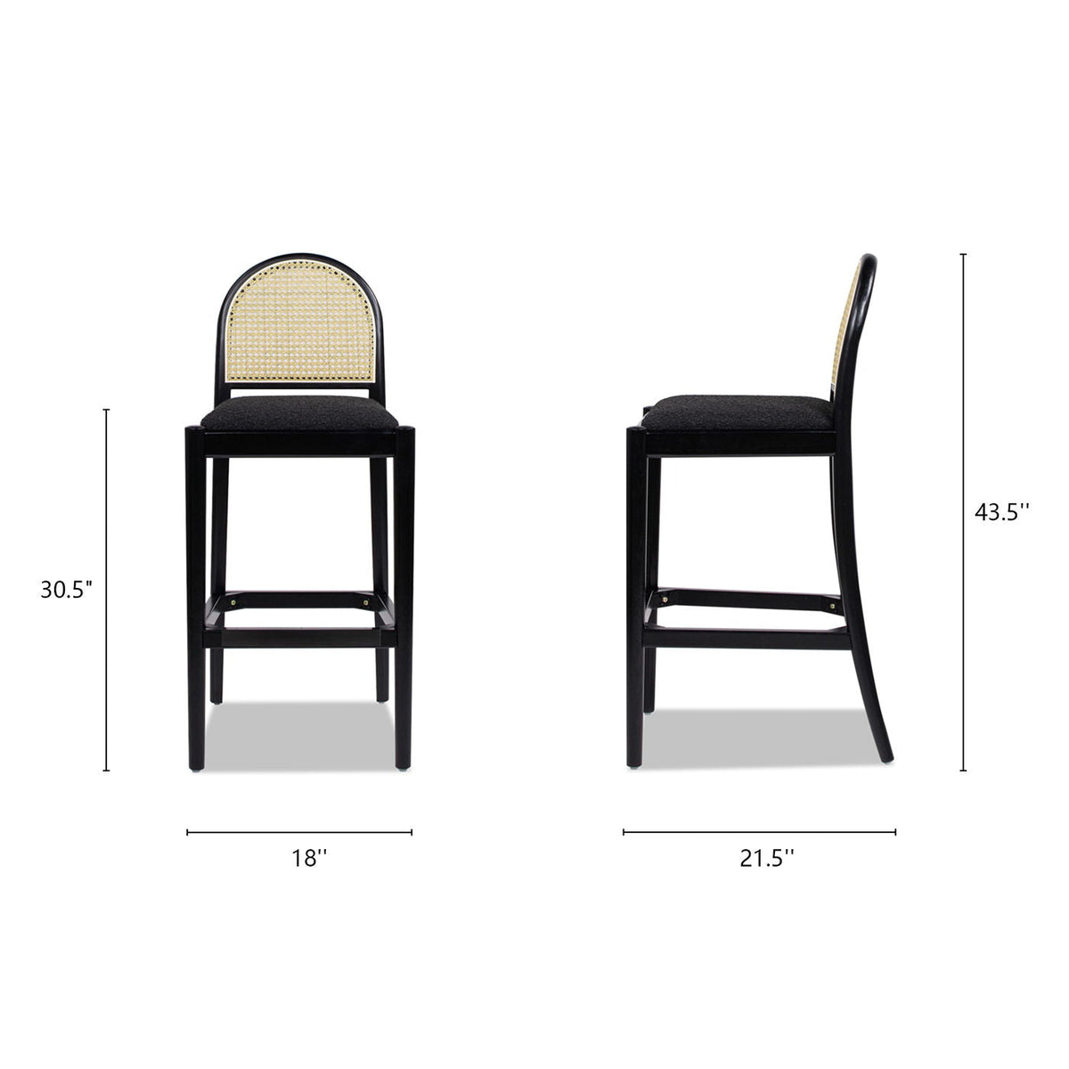 Counter Stool Curved Back Cane Bar Stool, black frame, natural cane webbing, HouseOfZazla, set of 2 on Tampa Home & Garden Store