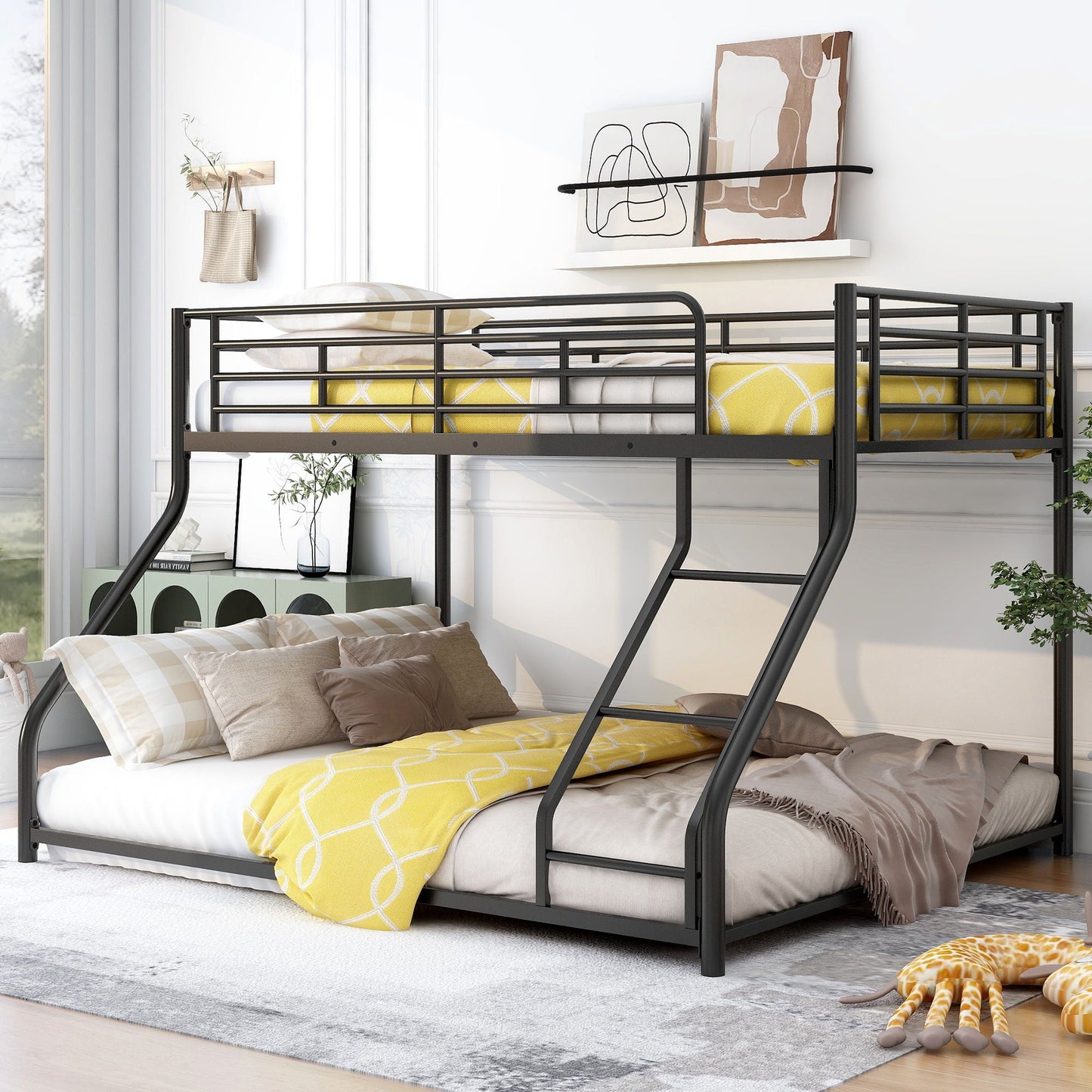 HouseOfZazla metal floor bunk bed with sloped ladder, black frame, space saving design on Tampa Home & Garden Store