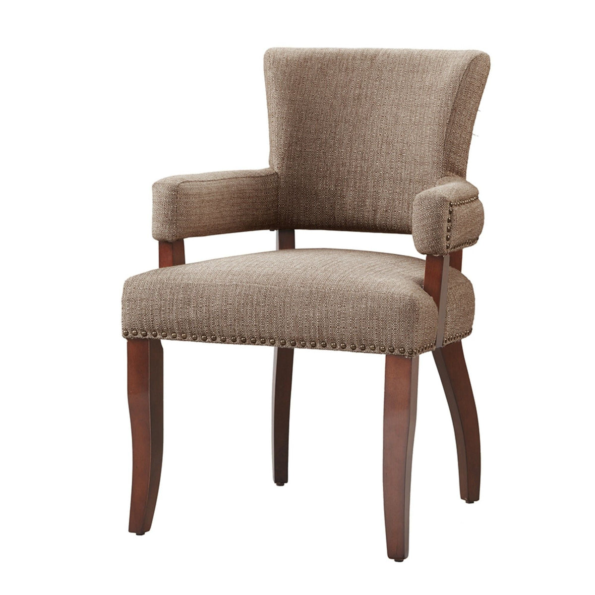Elegant Arm Dining Chair with Brass Nail Head Detailing in dark brown fabric by HouseOfZazla on Tampa Home & Garden Store