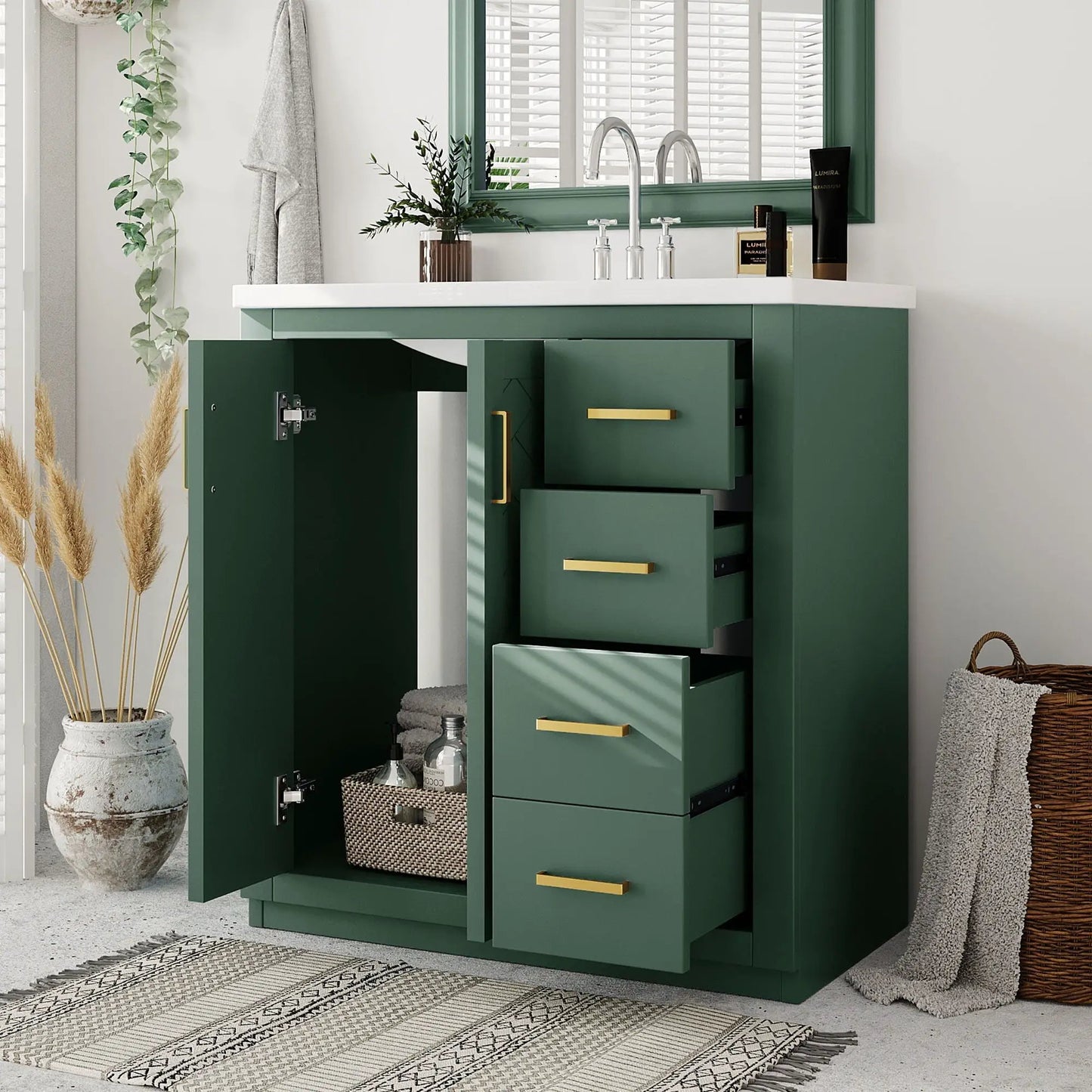 Bathroom vanity with sink and green storage cabinet, 3 drawers, soft-close doors on Tampa Home & Garden Store