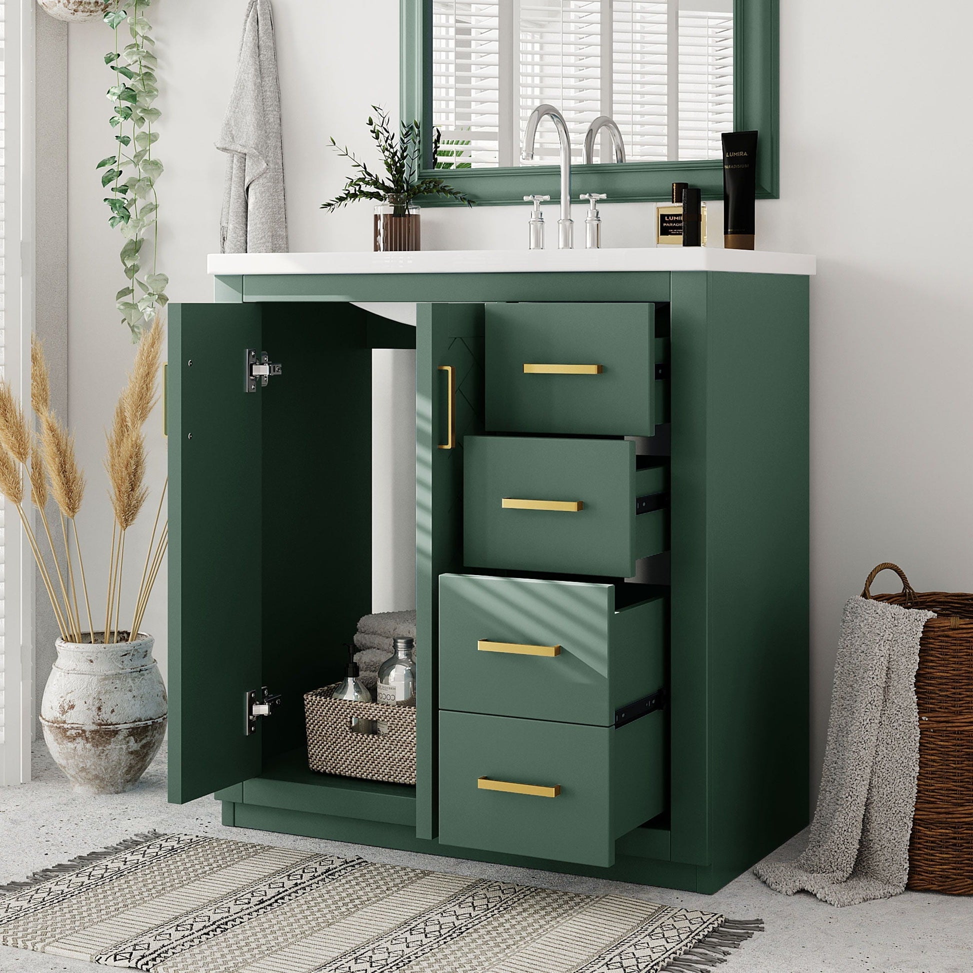 Bathroom vanity with sink, green cabinet, 3-drawer storage, gold handles on Tampa Home & Garden Store