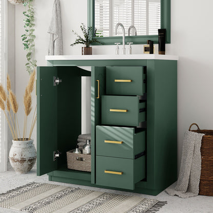 Bathroom vanity with sink, green cabinet, 3-drawer storage, gold handles on Tampa Home & Garden Store