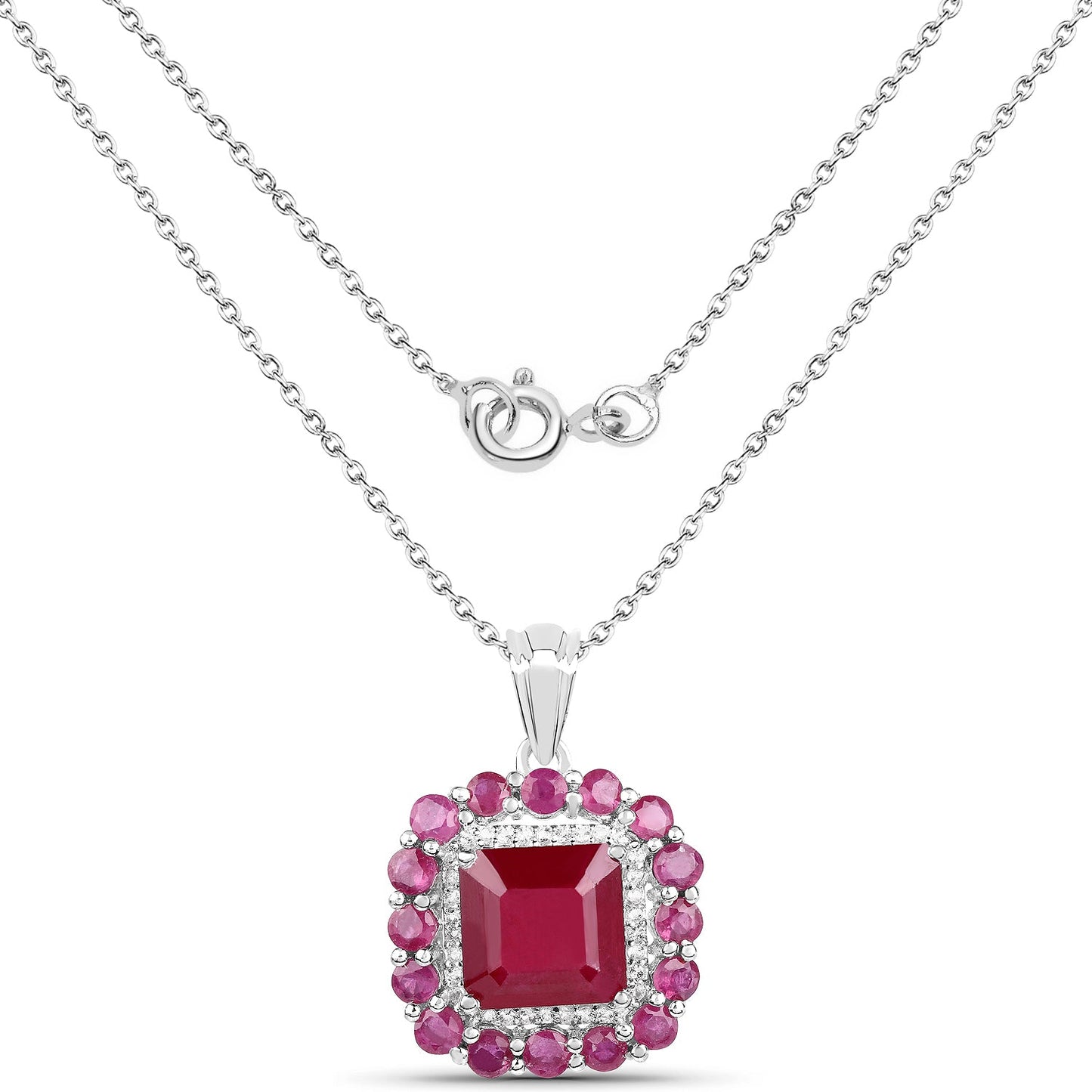 Emerald-cut glass-filled ruby pendant with pink stones and white topaz halo in silver on Tampa Home & Garden Store