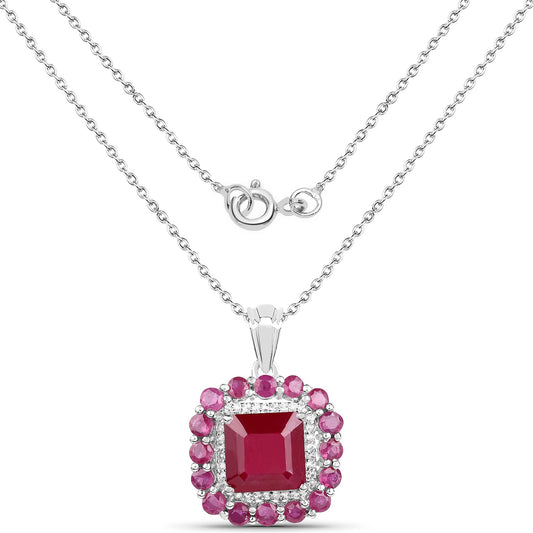Emerald-cut glass-filled ruby pendant with pink stones and white topaz halo in silver on Tampa Home & Garden Store