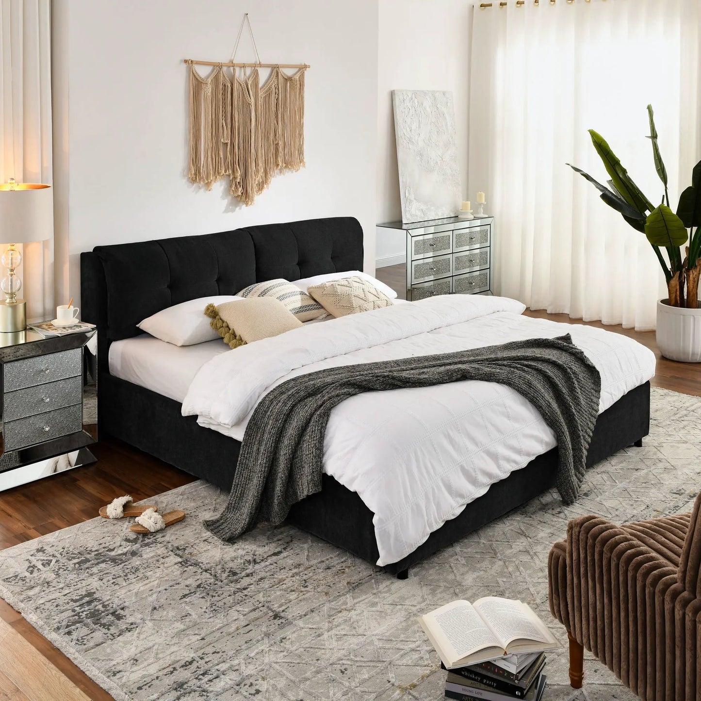 Storage upholstered hydraulic platform bed with integrated headboard in black fabric on Tampa Home & Garden Store
