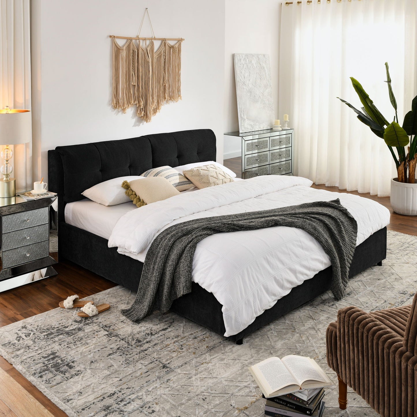 Storage upholstered hydraulic platform bed with integrated headboard in black fabric on Tampa Home & Garden Store