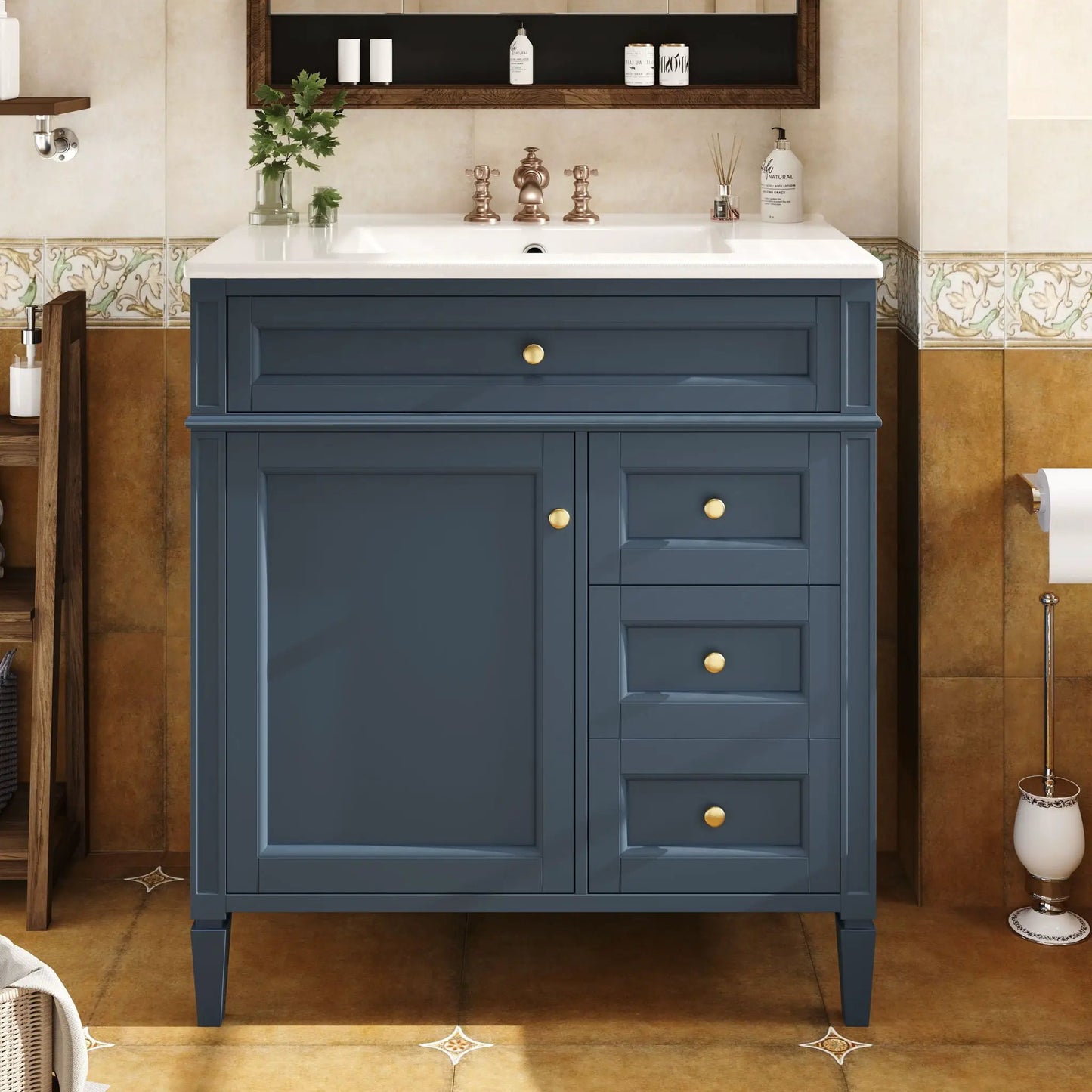 Bathroom vanity with top sink navy base white countertop brass hardware 2 drawers tip-out drawer on Tampa Home & Garden Store