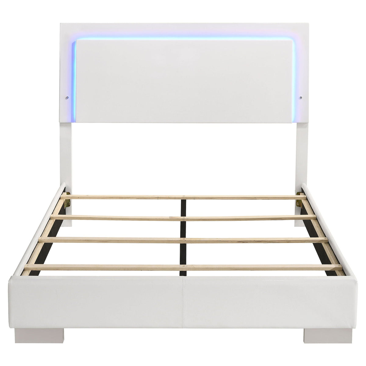 Felicity LED panel bed by HouseOfZazla with white upholstered headboard and built-in lighting on Tampa Home & Garden Store
