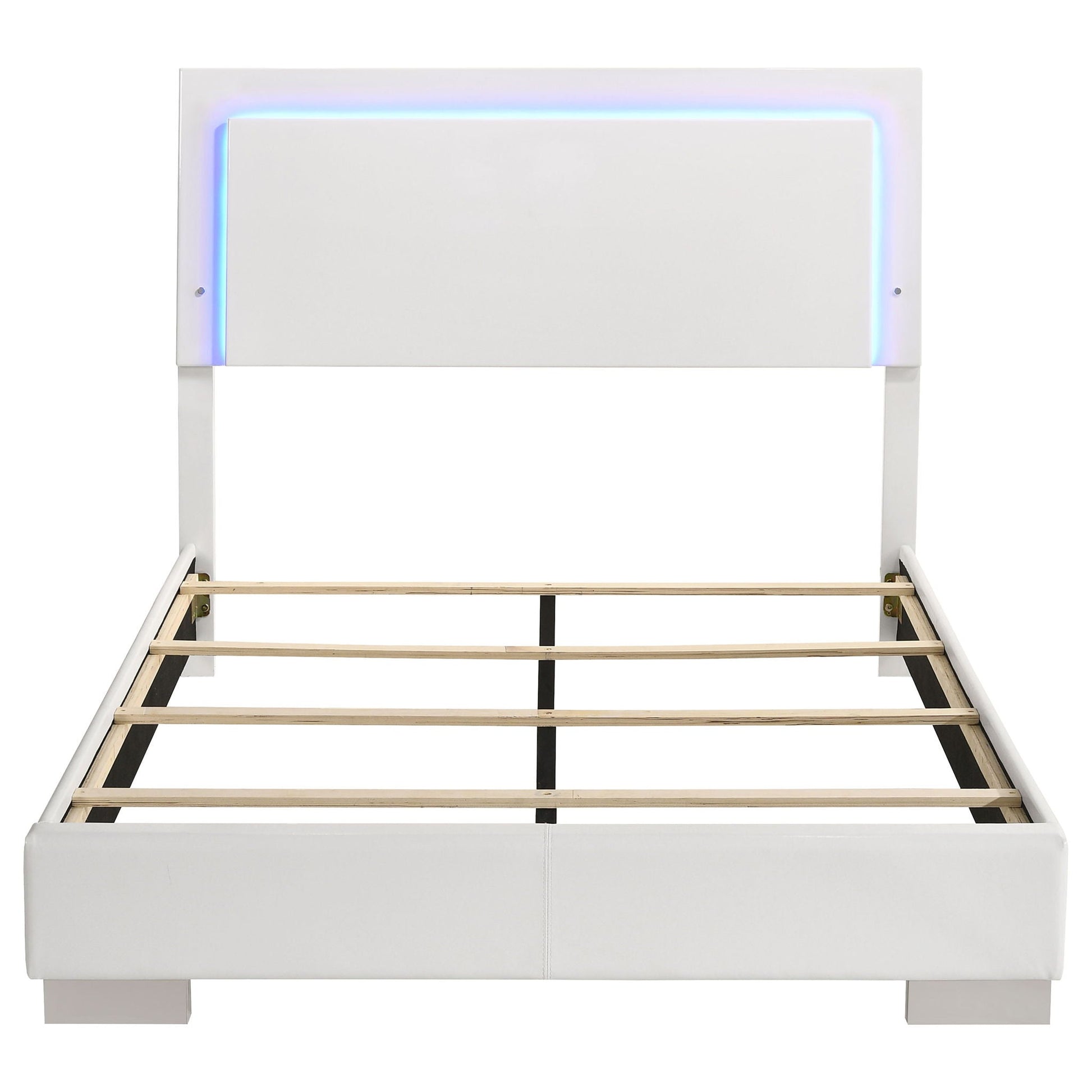 Felicity LED panel bed by HouseOfZazla with white upholstered headboard and built-in lighting on Tampa Home & Garden Store