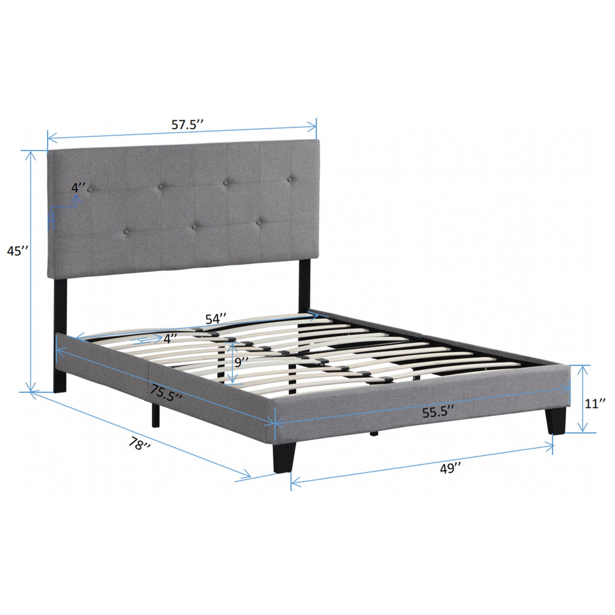 Full-size upholstered bed frame with gray button-tufted linen headboard and wood slat foundation on Tampa Home & Garden Store