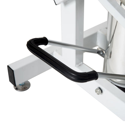 Hydraulic Pet Grooming Table with H-Arm, white metal frame and coiled black hose on Tampa Home & Garden Store