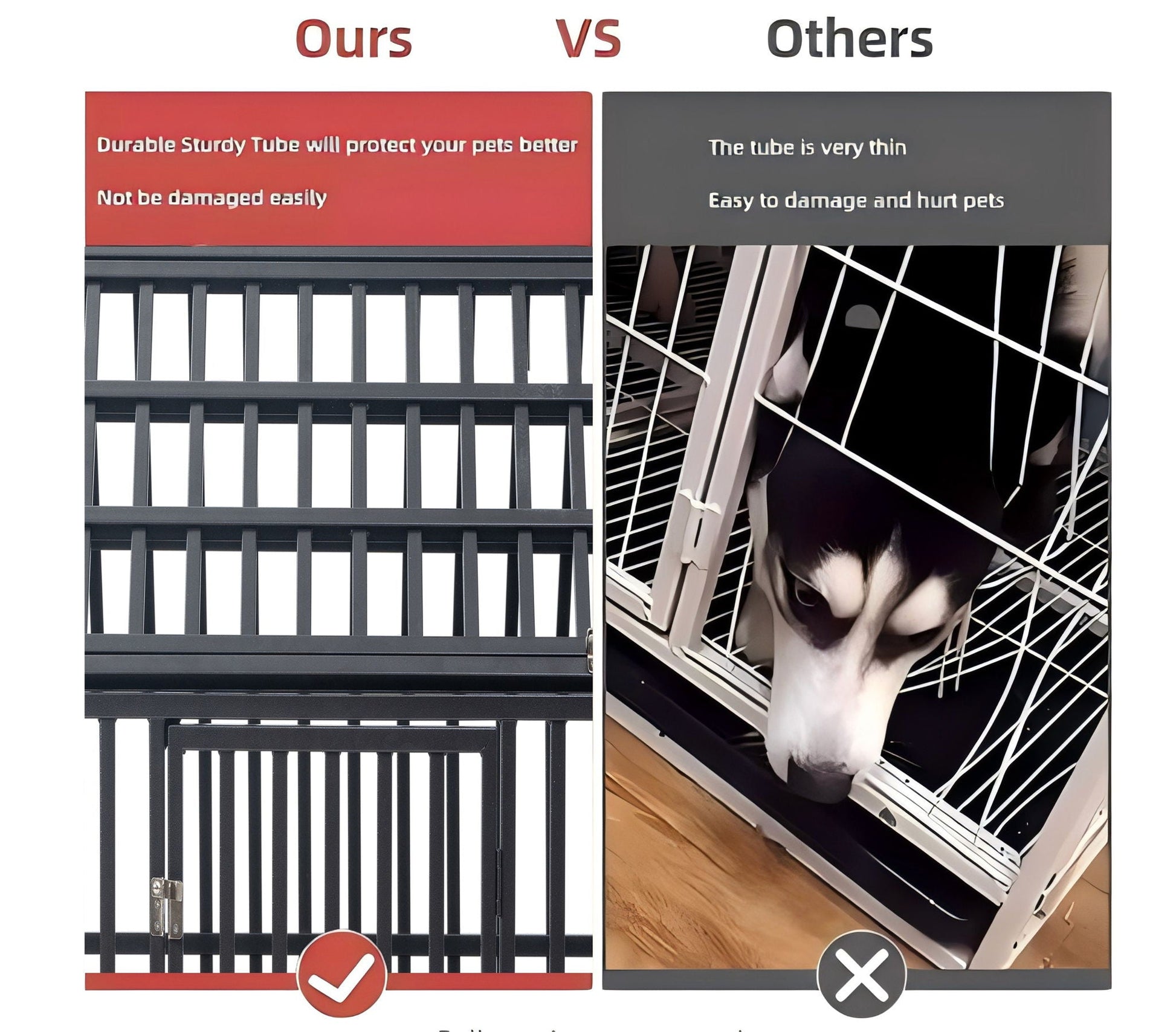Heavy Duty Dog Crate Lockable Wheels cage showing durable left panel vs fragile right panel on Tampa Home & Garden Store