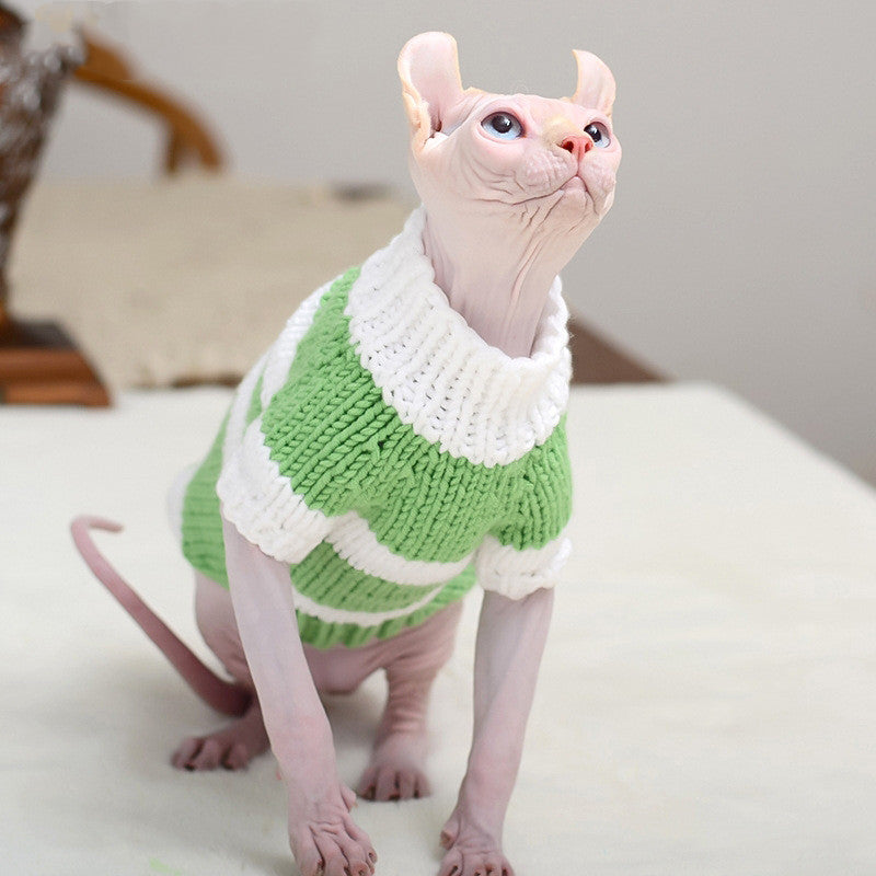 Hairless cat warm sweater green and white striped knit by Pet Zen on Tampa Home & Garden Store