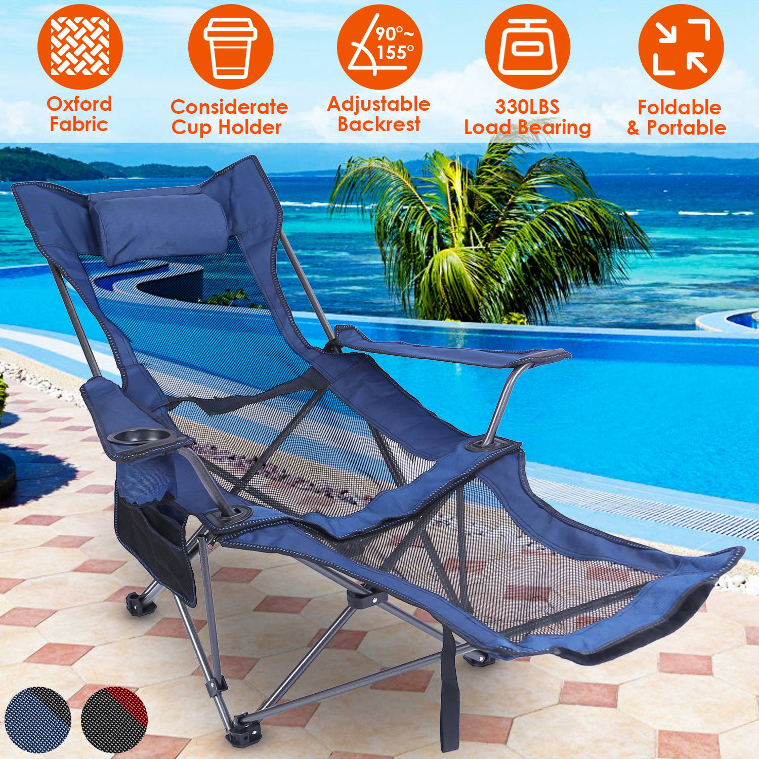 GemGear Foldable Camping Chair 330Lbs load with reclining backrest, cup holder, and pillow on Tampa Home & Garden Store