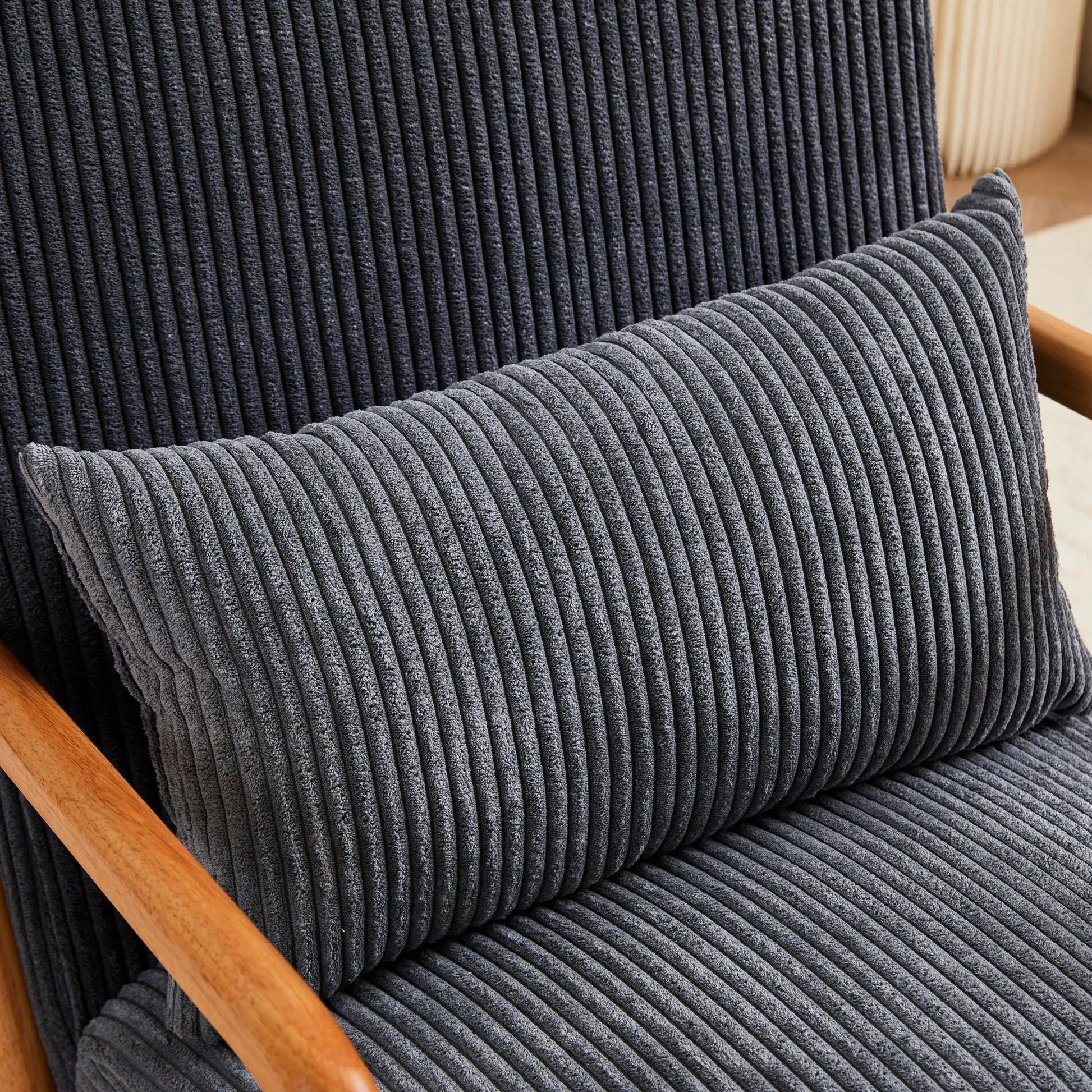 Accent arm chair with dark gray corduroy upholstery and wooden armrest by Unique Piece Furniture on Tampa Home & Garden Store