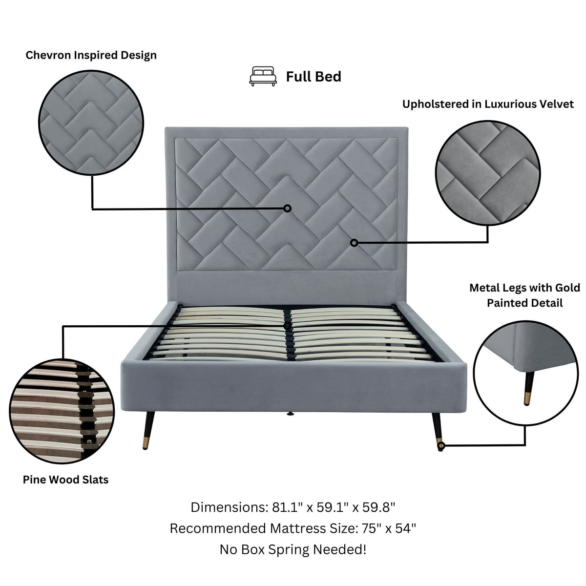 Bed Crosby upholstered with chevron grey velvet headboard and slats by HouseOfZazla on Tampa Home & Garden Store