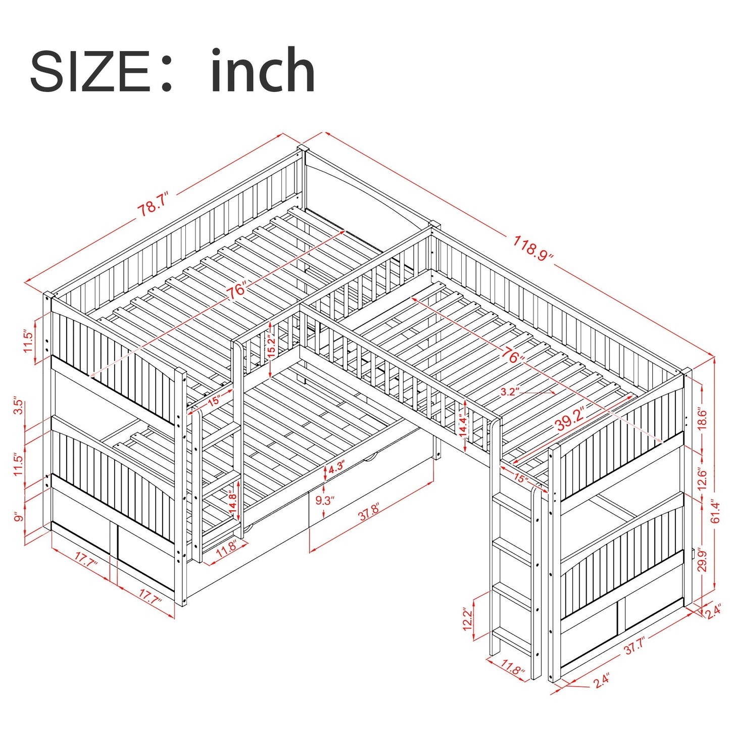 Bunk Bed With Loft And 2 Drawers HouseOfZazla schematic showing bed frame, loft and drawers on Tampa Home & Garden Store