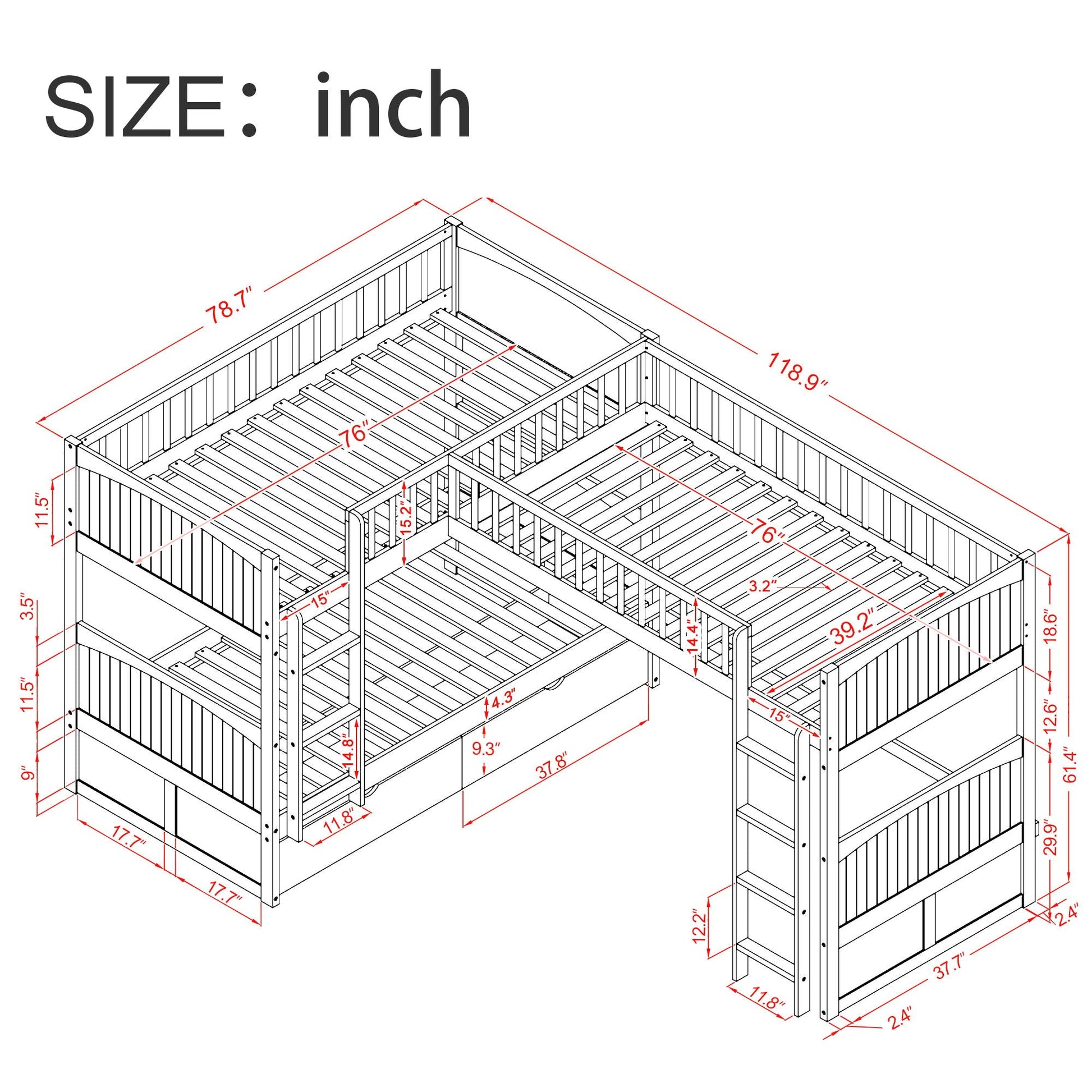Bunk Bed With Loft And 2 Drawers HouseOfZazla schematic showing bed frame, loft and drawers on Tampa Home & Garden Store