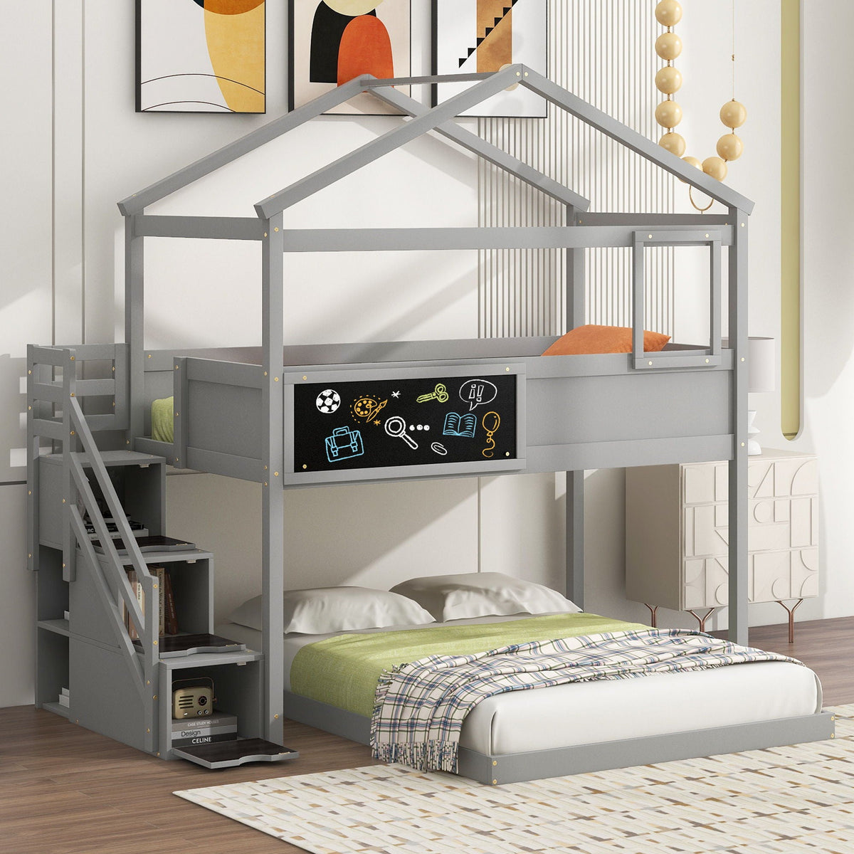 House Style Bunk Bed by HouseOfZazla with gray storage staircase and chalkboard panel on Tampa Home & Garden Store