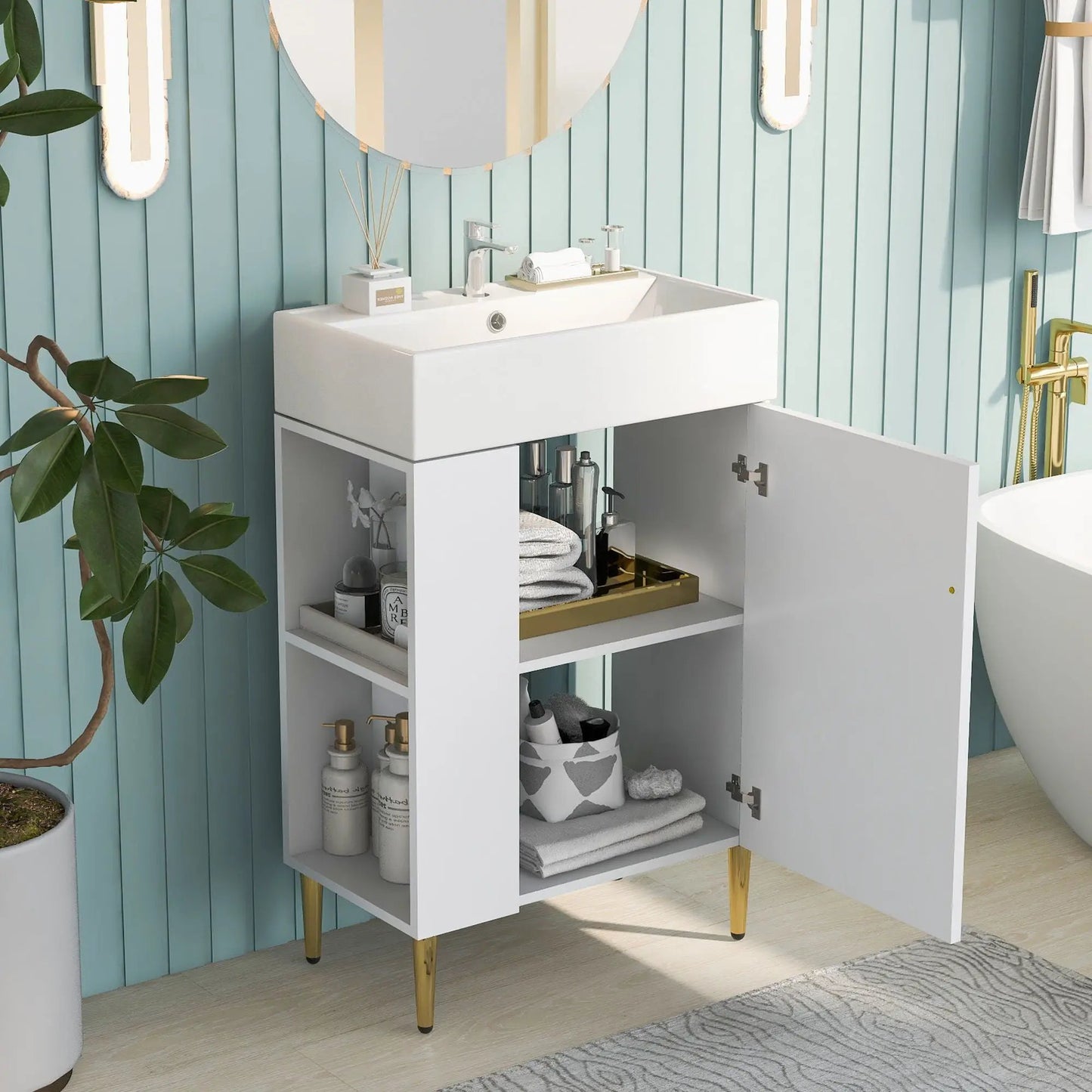 Bathroom vanity combo with white cabinet, single ceramic sink, gold legs Unique Piece Furniture on Tampa Home & Garden Store