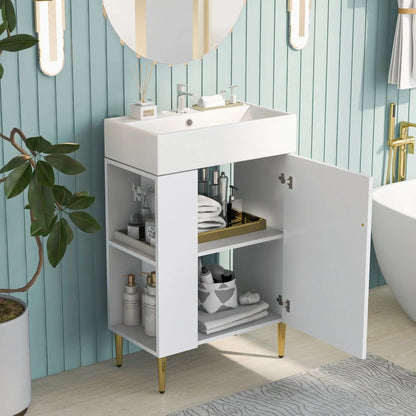 Bathroom vanity combo with white cabinet, single ceramic sink, gold legs Unique Piece Furniture on Tampa Home & Garden Store